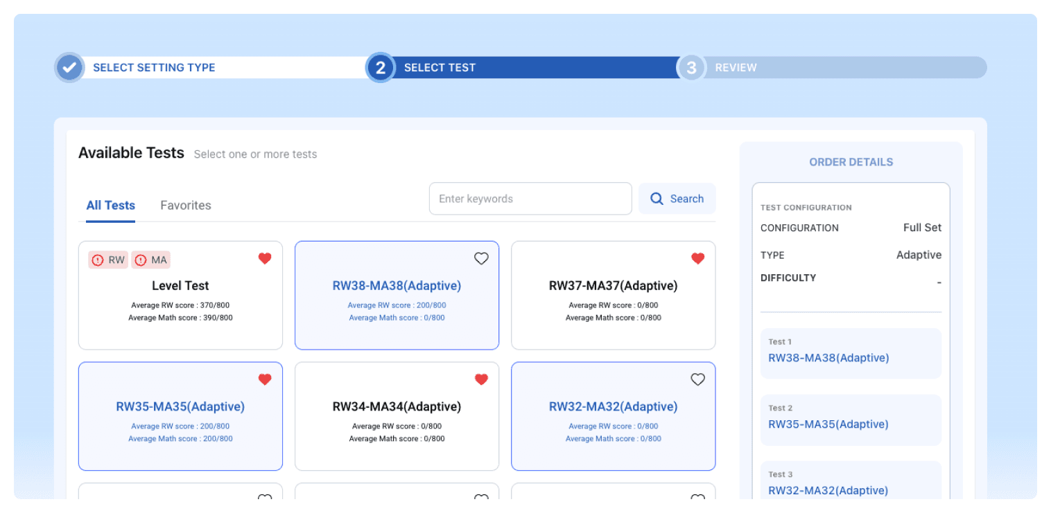 Test creation dashboard allowing students to set adaptive and challenging SAT questions.