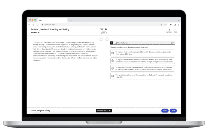 Digital SAT mock test interface displayed on a laptop, highlighting realistic test simulation.