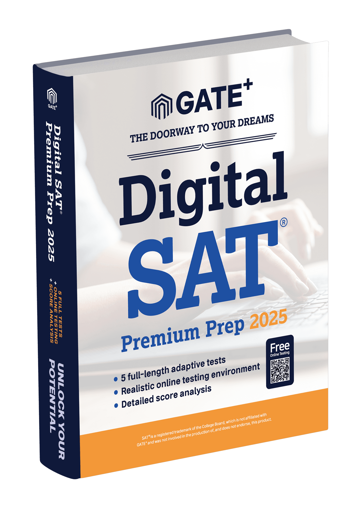Cover of the GATE+ Digital SAT Prep book, available on Amazon kindle, offering 5 complete mock tests and online benefits.