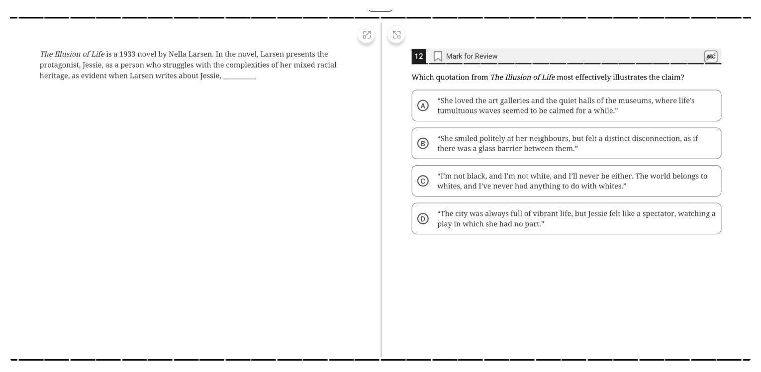 Example of a realistic SAT question interface resembling the actual test environment for better preparation